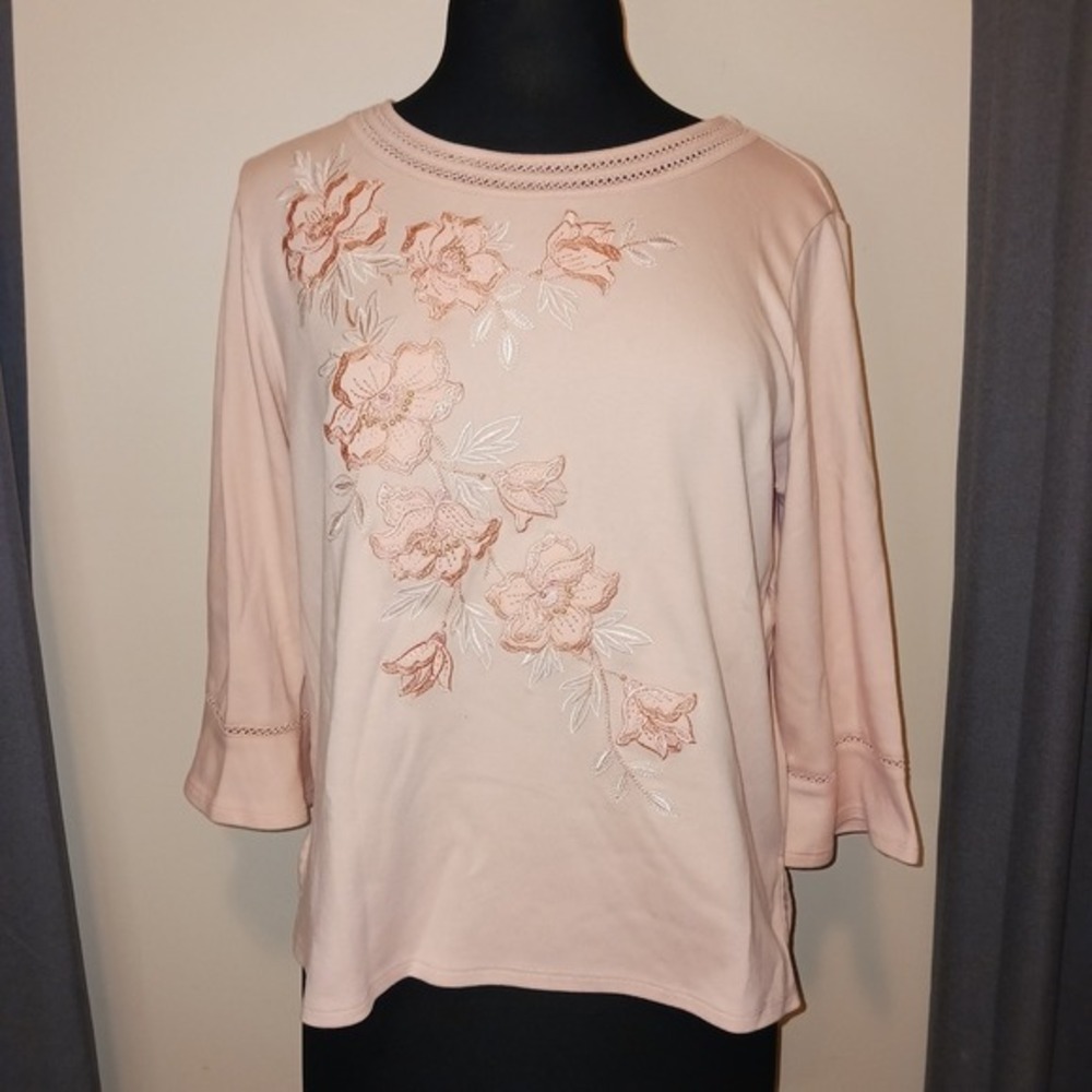 Alfred‎ Dunner Cottagecore Petite PM Peach Floral  3/4 Sleeve Top Shirt